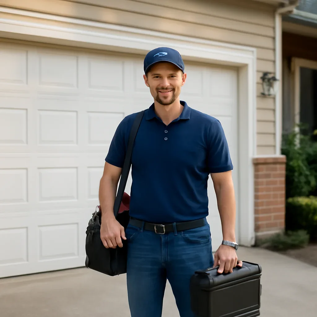 Garage door technician arriving for a Surrey Garage Door service appointment
