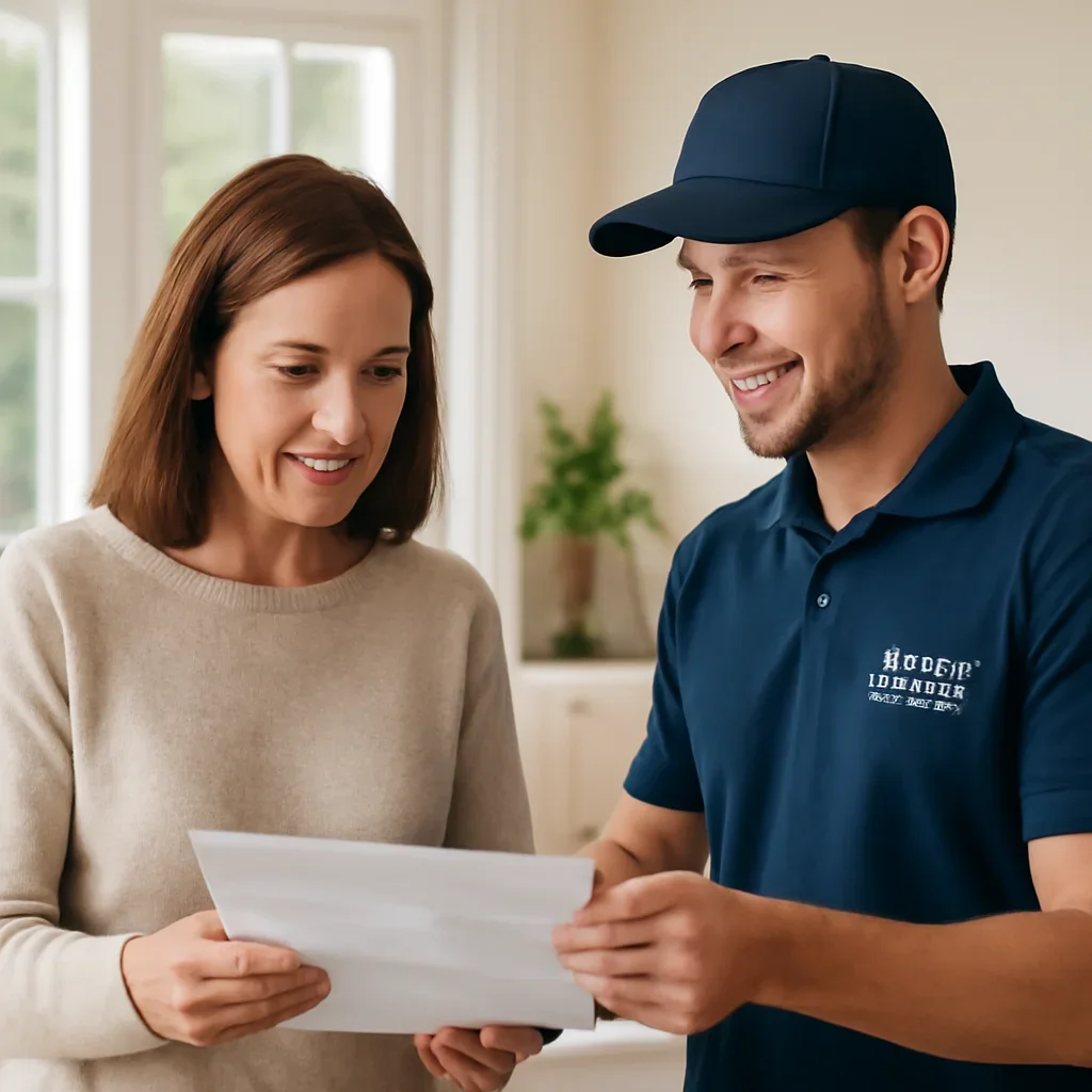Homeowner reviewing garage door service options with a local specialist in Surrey