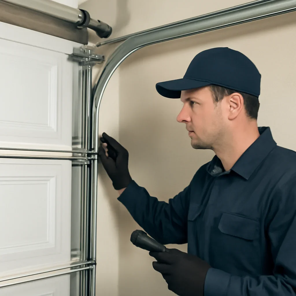 Garage door technician inspecting parts and operation for How Much Does It Cost to Replace a Garage Door in Surrey BC