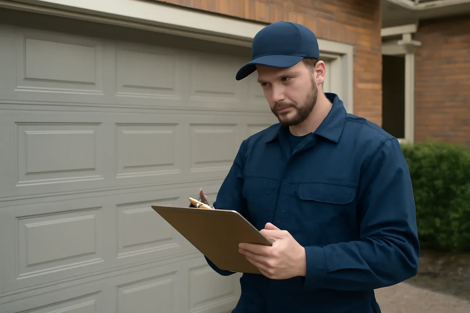 Garage door technician reviewing Douglas garage door repair at a Surrey property
