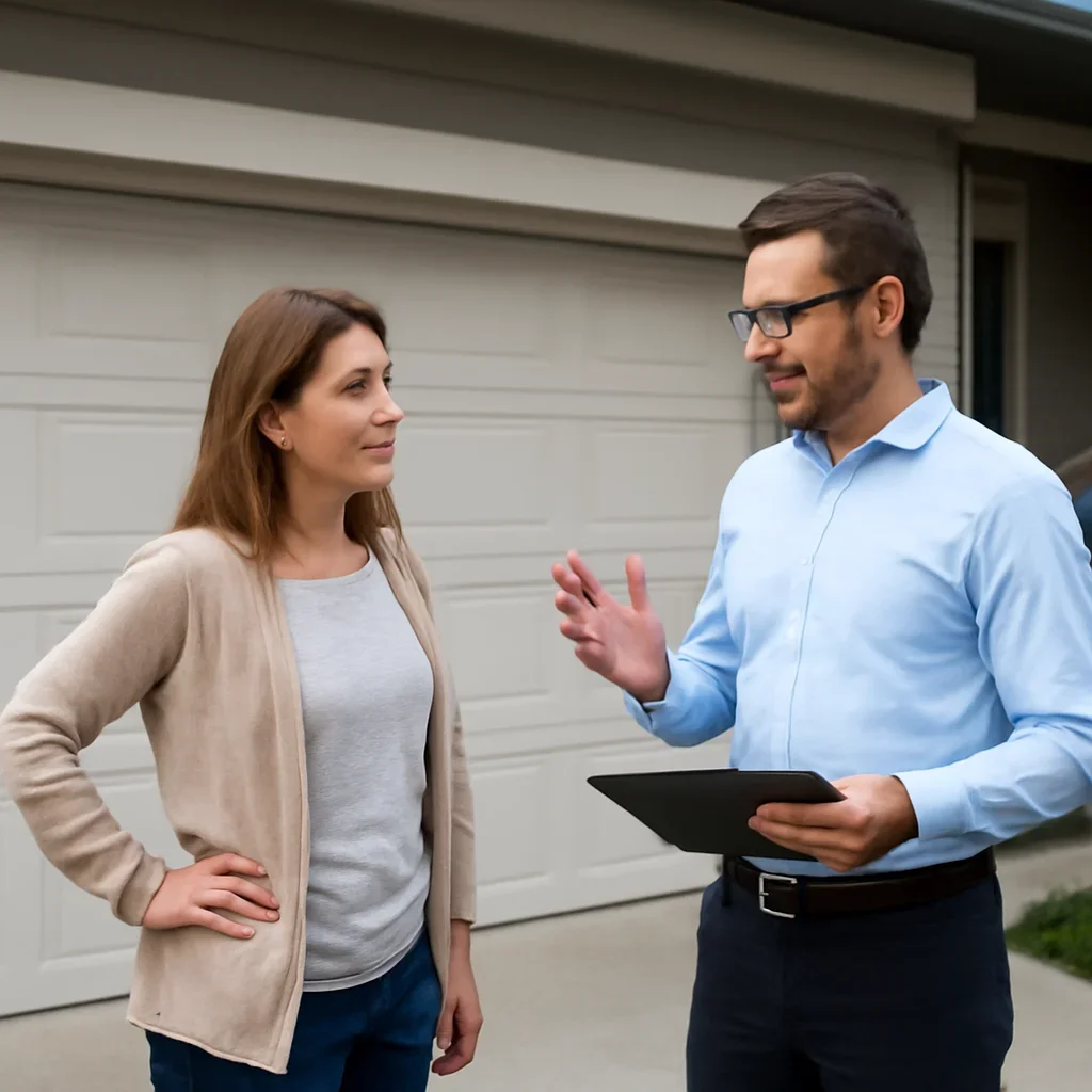 East Newton homeowner discussing garage door repair options with a Surrey technician