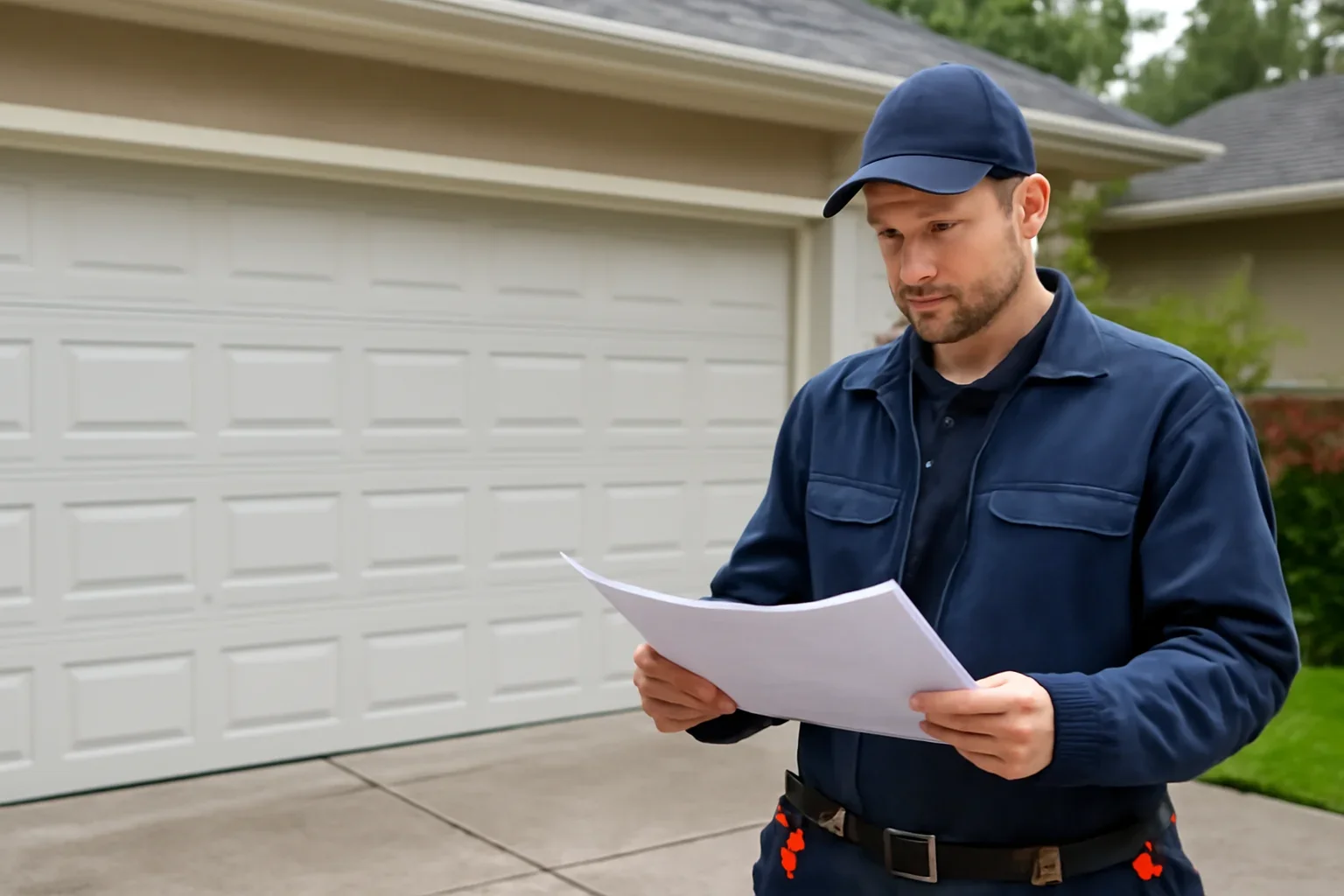Garage door technician reviewing East Newton garage door repair at a Surrey property