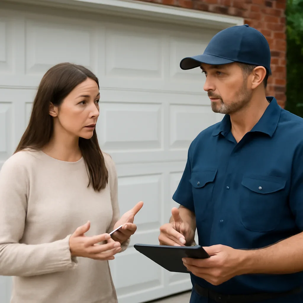 Homeowner discussing emergency garage door repair in Cloverdale Surrey