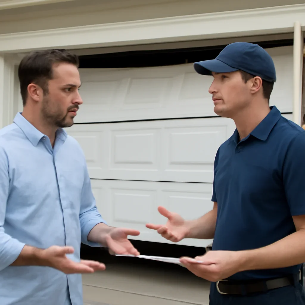 Property owner discussing emergency garage door repair with Surrey Garage Door technician