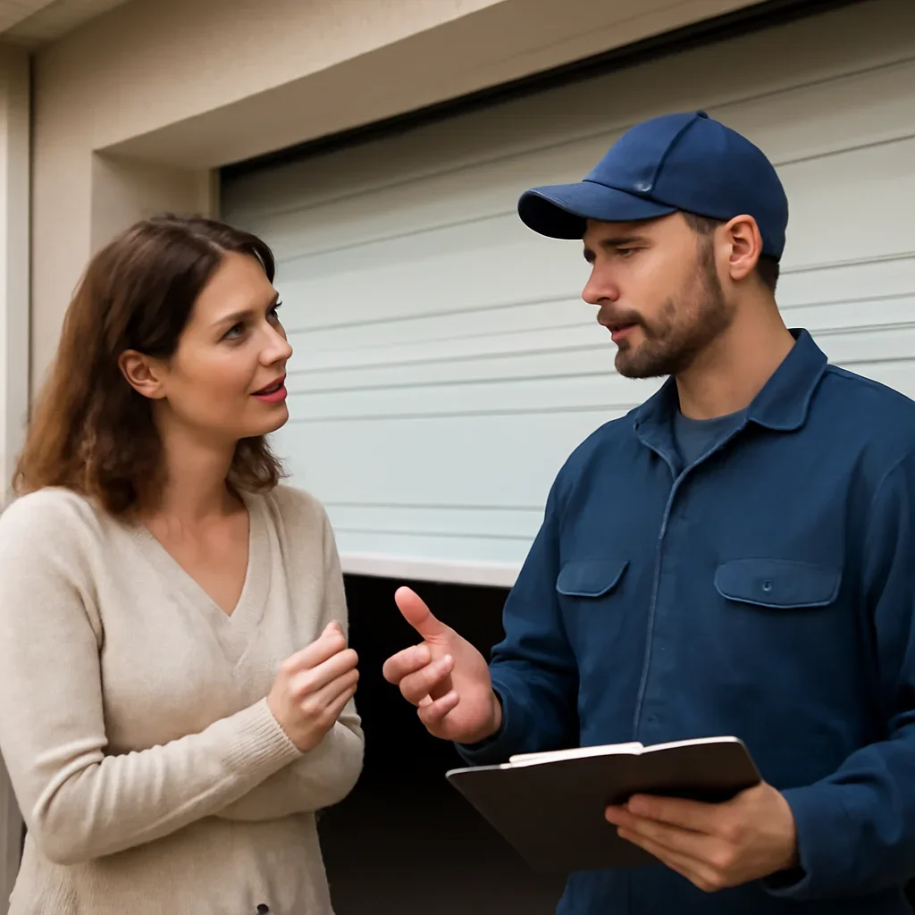 Fleetwood homeowner discussing emergency garage door repair in Surrey with a local garage door specialist