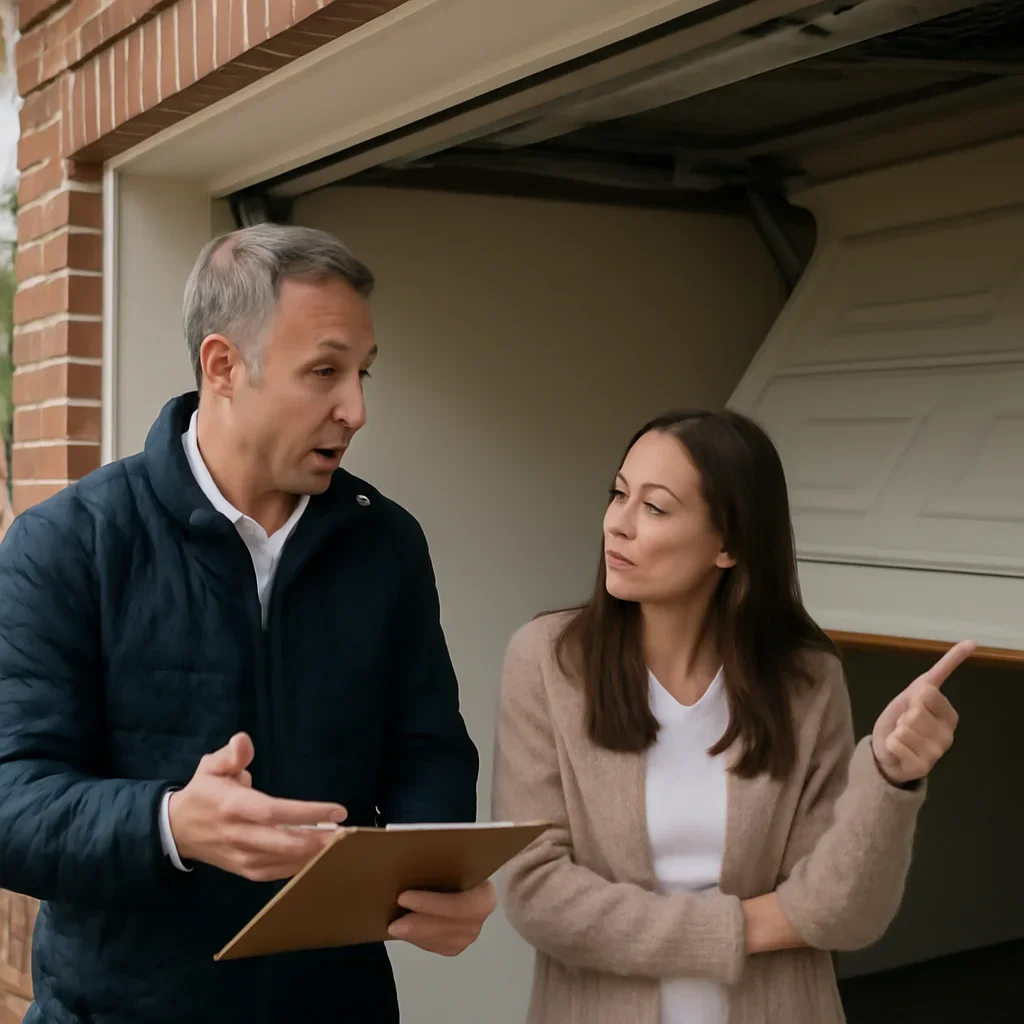 Guildford homeowner or property manager discussing emergency garage door repair in Surrey