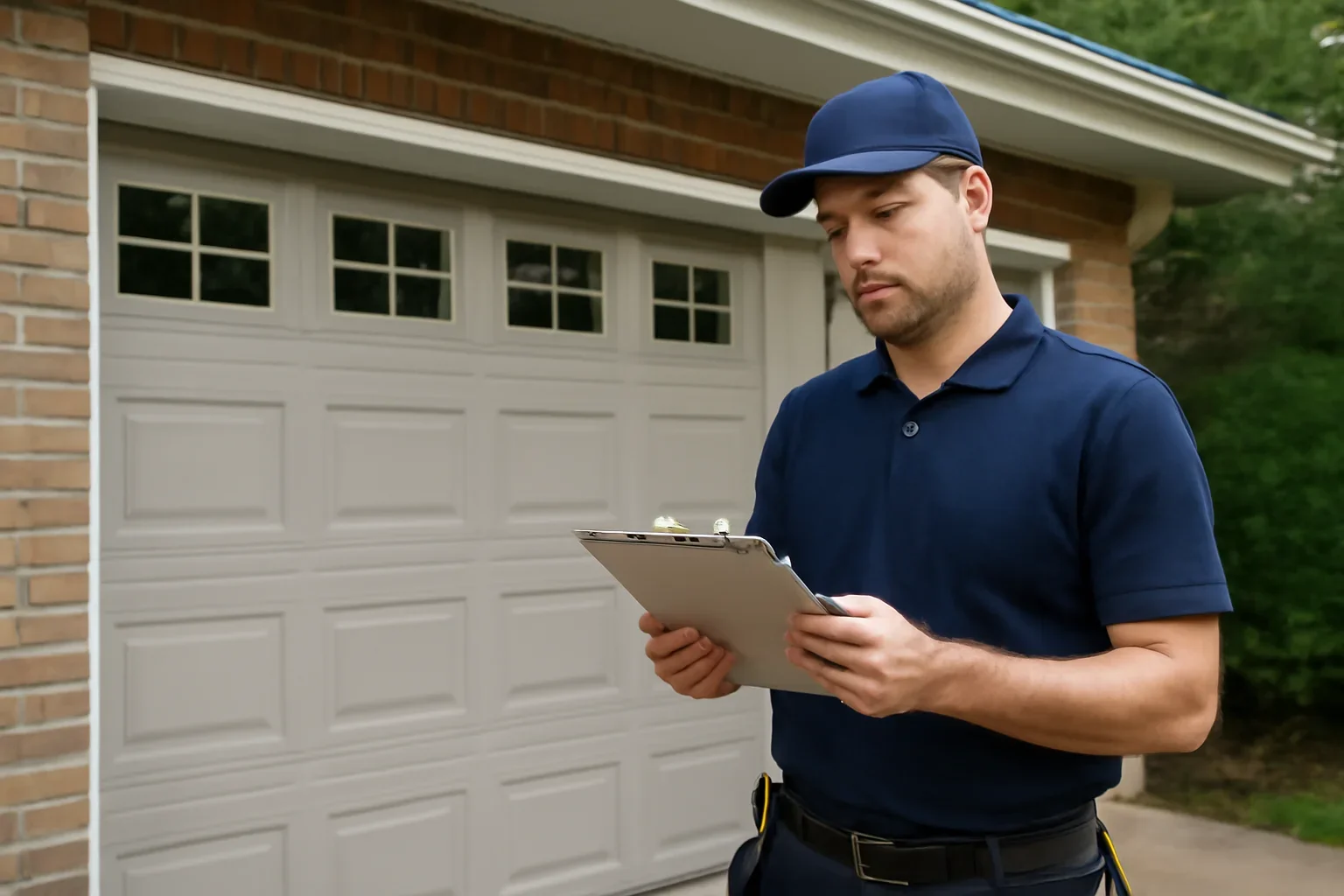 Garage door technician reviewing emergency garage door repair Surrey at a Surrey property
