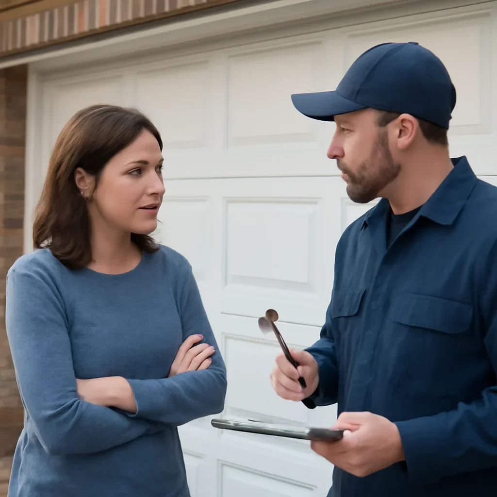 South Surrey homeowner discussing emergency garage door repair with a local garage door specialist