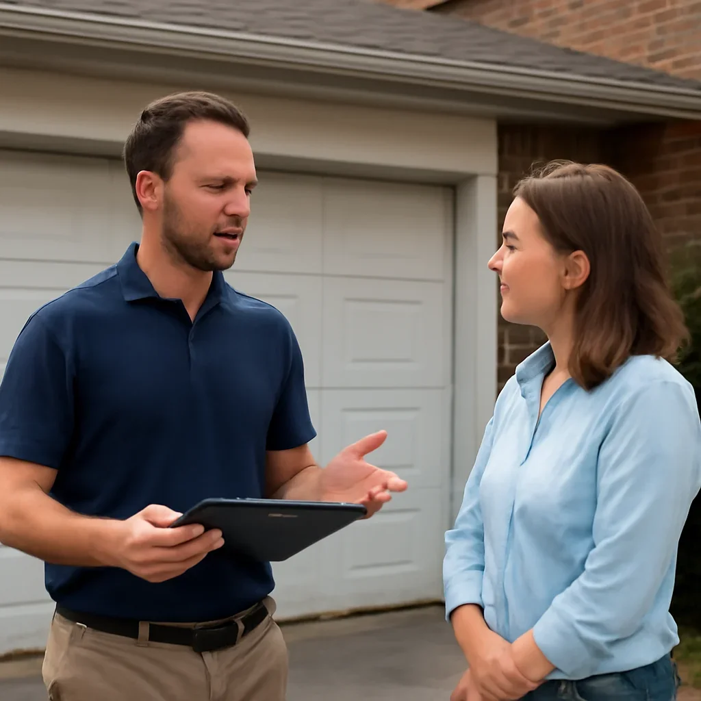 Homeowner or property manager discussing the next step for emergency garage door repair in Whalley and Surrey City Centre in Surrey