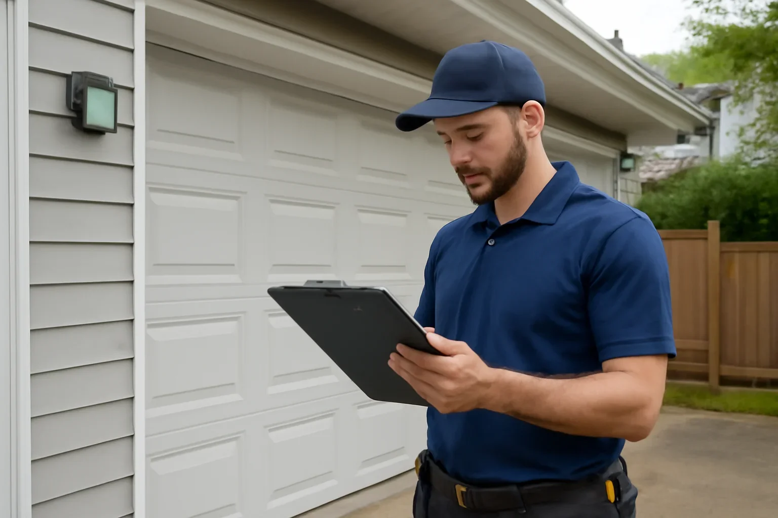 Garage door technician reviewing emergency garage door repair in Whalley and Surrey City Centre at a Surrey property