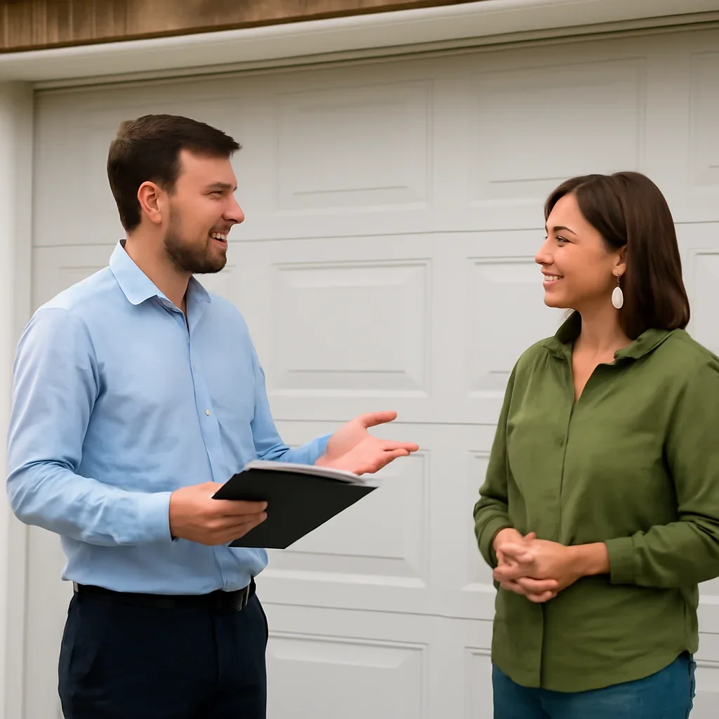 Homeowner or property manager discussing the next step for Surrey garage door frequently asked questions in Surrey