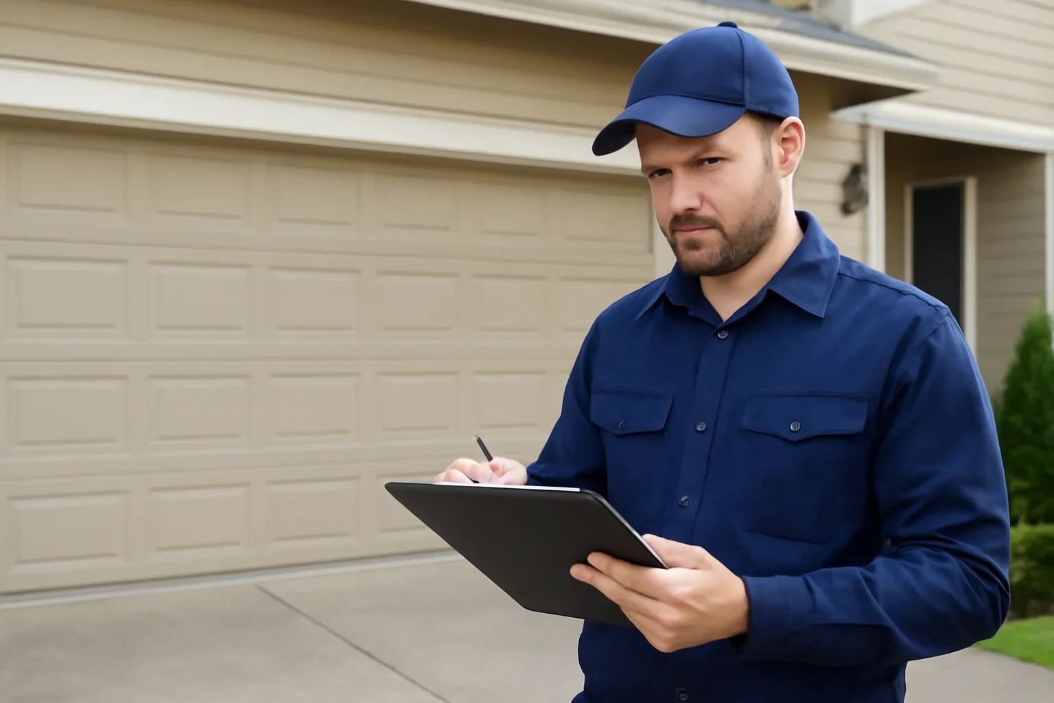 Garage door technician reviewing repair and installation services at a Surrey property