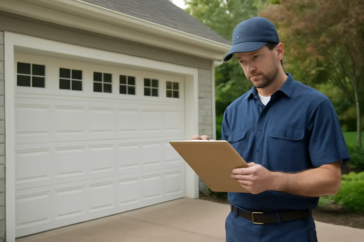 Garage door technician inspecting a residential garage door in Fleetwood Park Surrey