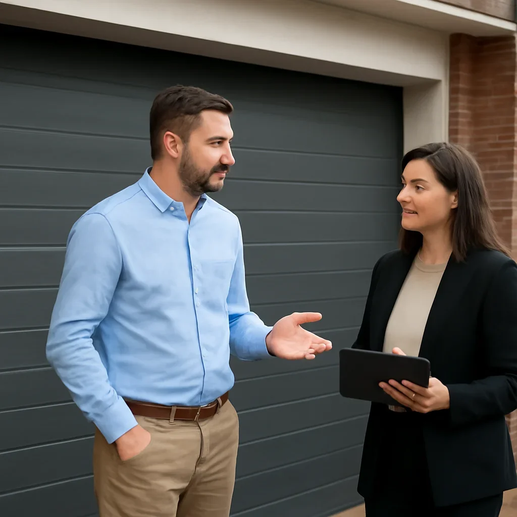 Fleetwood Town Centre property owner discussing garage door repair with a Surrey technician
