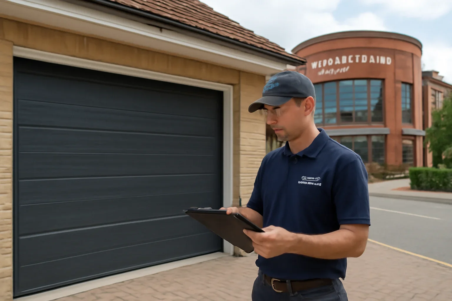 Garage door technician inspecting a garage door in Fleetwood Town Centre Surrey