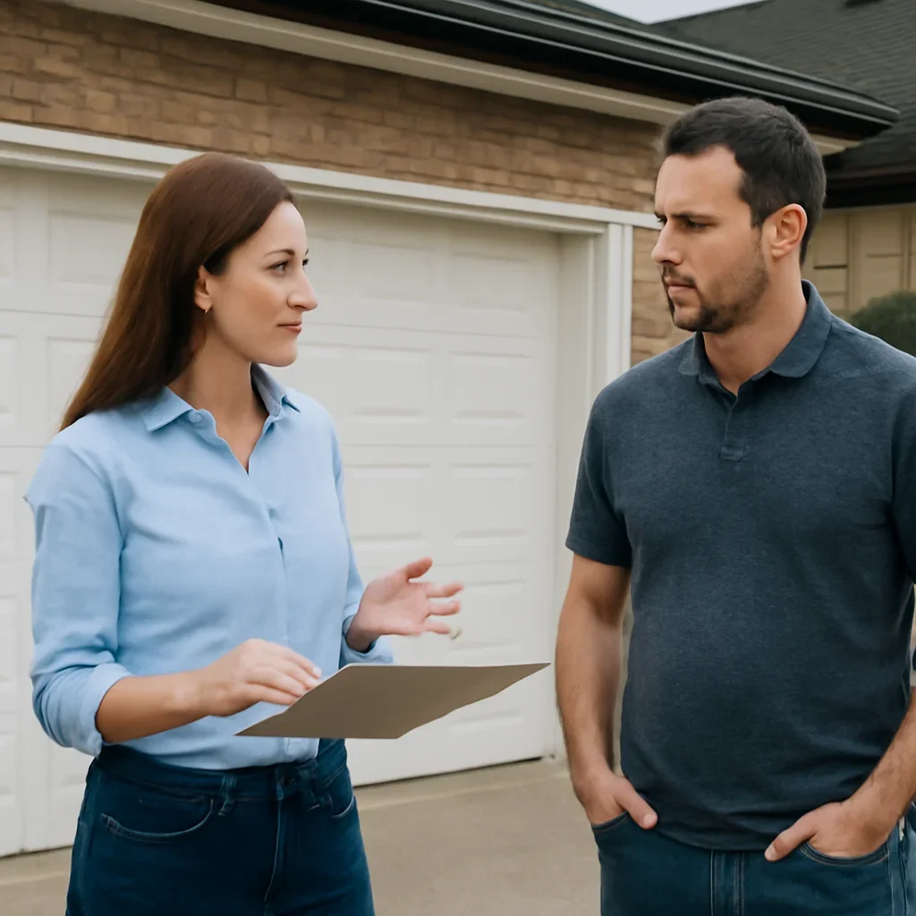 Fraser Heights homeowner discussing garage door repair with a Surrey technician