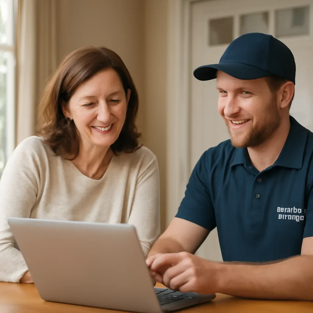 Homeowner reviewing garage door service options with a local specialist in Surrey
