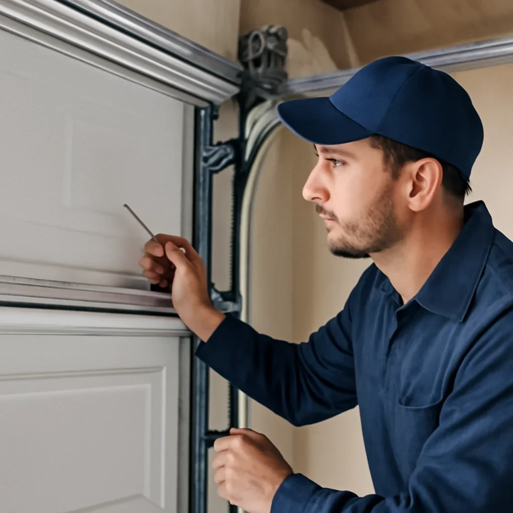 Garage door technician inspecting parts and operation for Garage Door Colour Trends for Surrey Homes