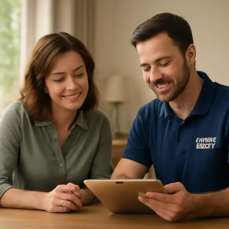 Homeowner reviewing garage door service options with a local specialist in Surrey