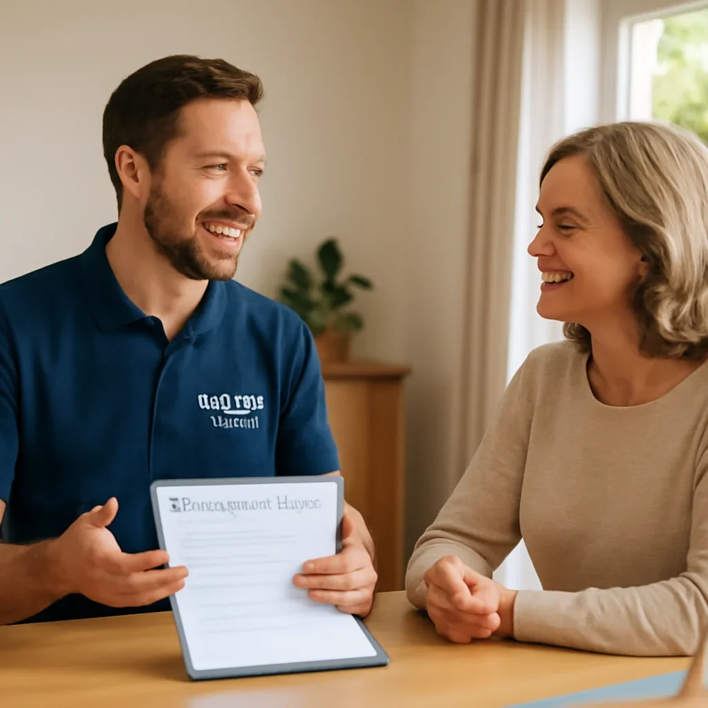 Homeowner reviewing garage door service options with a local specialist in Surrey