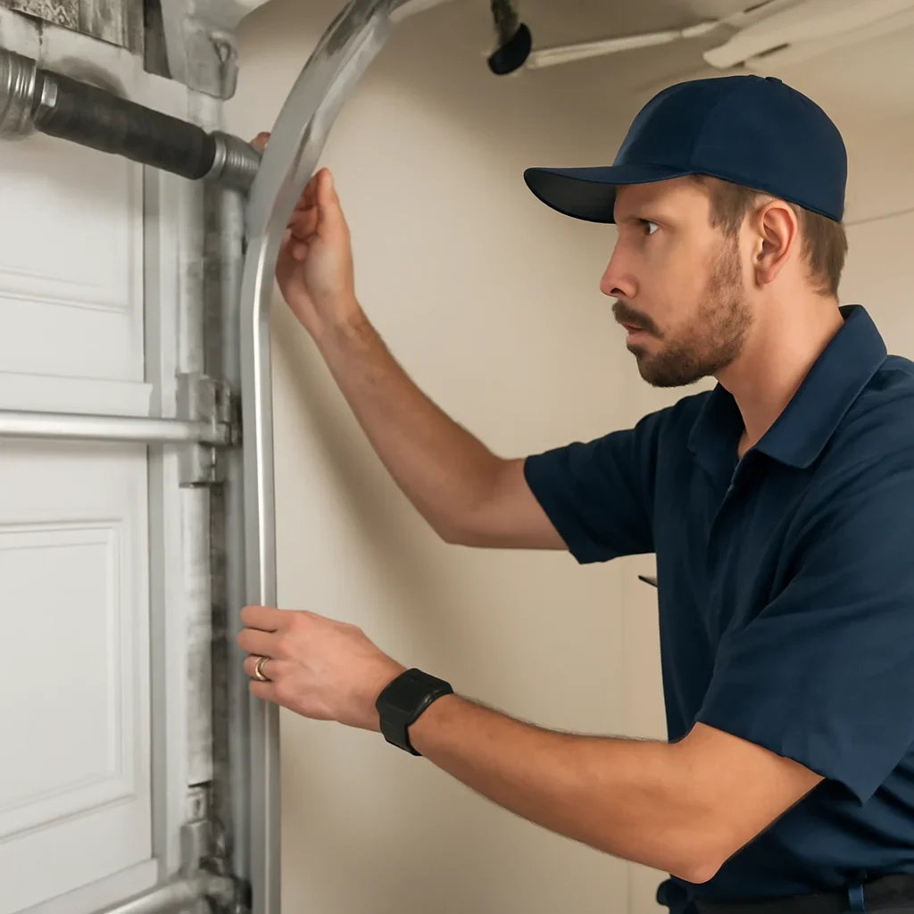 Garage door technician inspecting parts and operation for Garage Door Installation Process in Surrey BC Explained