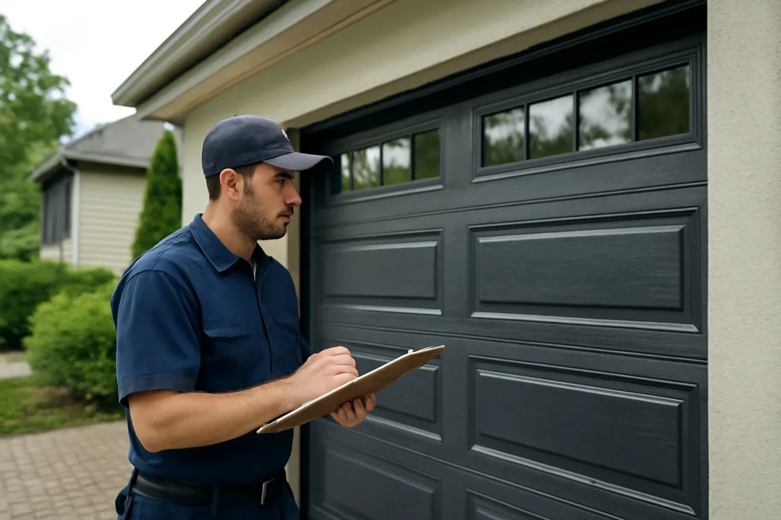 Garage door technician reviewing garage door installation in Bear Creek Green Timbers at a Surrey property