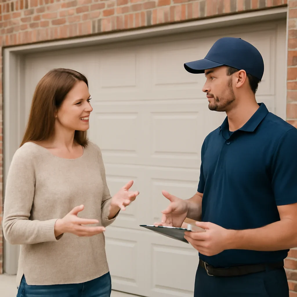 Homeowner or property manager discussing the next step for garage door installation in Beaver Creek in Surrey