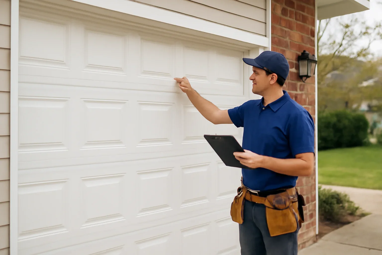 Garage door technician reviewing garage door installation in Beaver Creek at a Surrey property