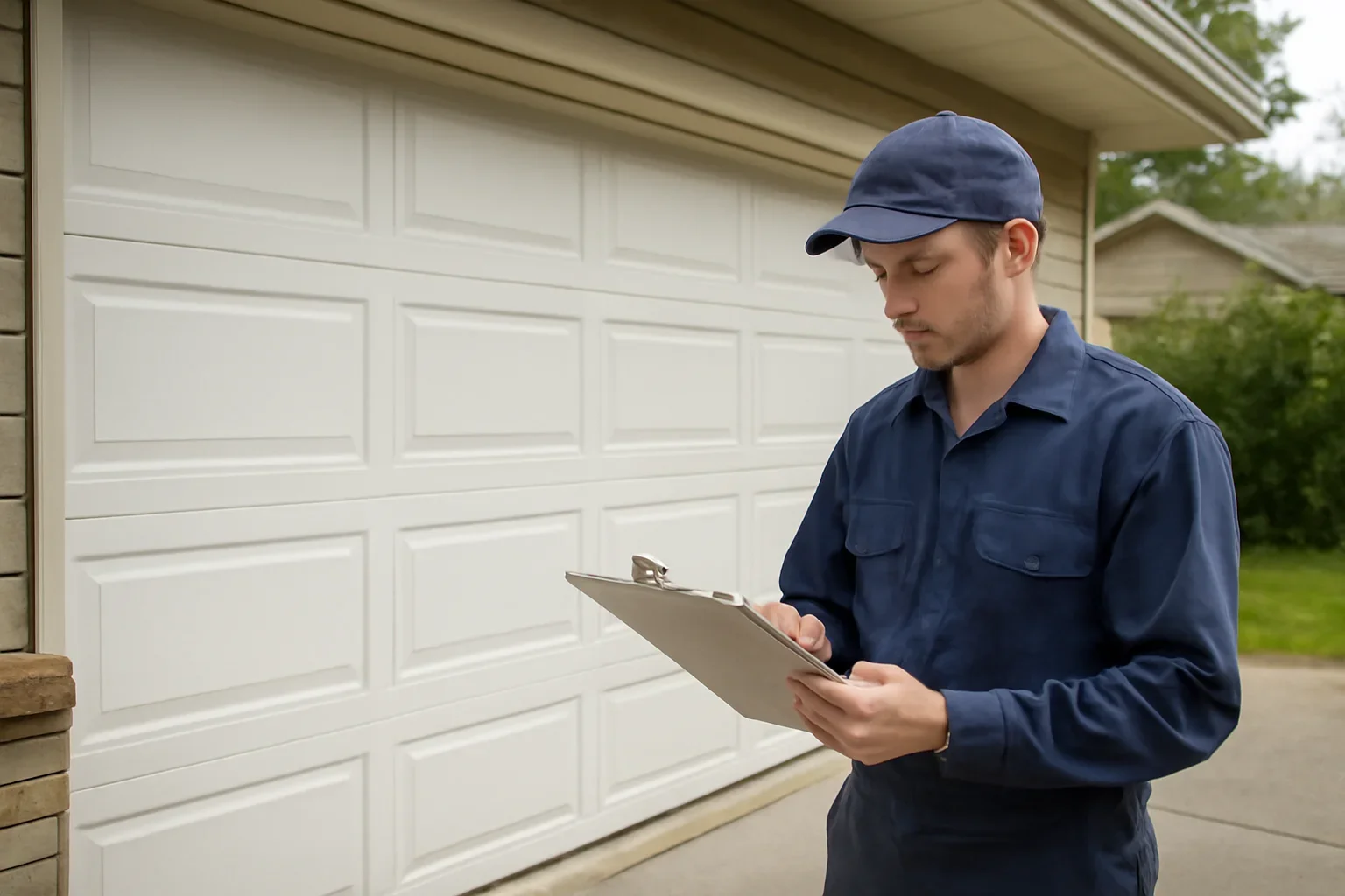Garage door technician reviewing garage door installation in Bolivar Heights at a Surrey property