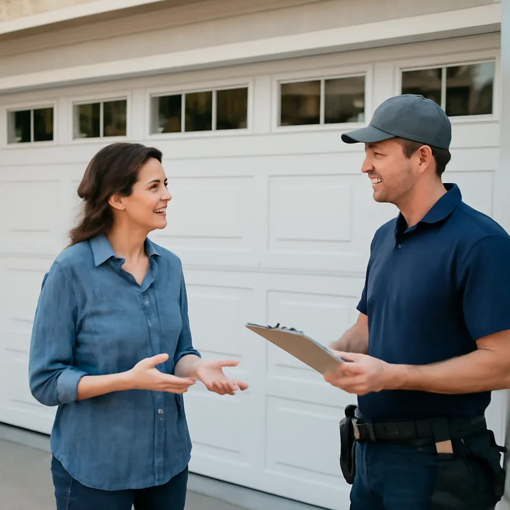 Homeowner or property manager discussing the next step for garage door installation in Bridgeview in Surrey