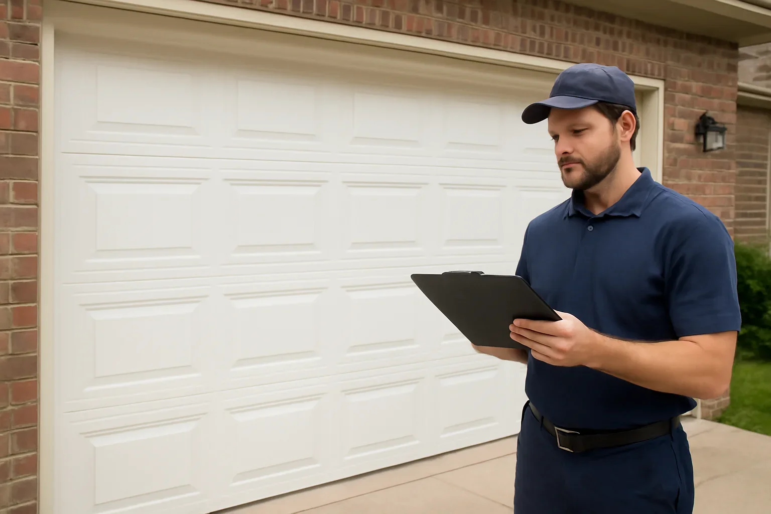 Garage door technician reviewing garage door installation in Bridgeview at a Surrey property