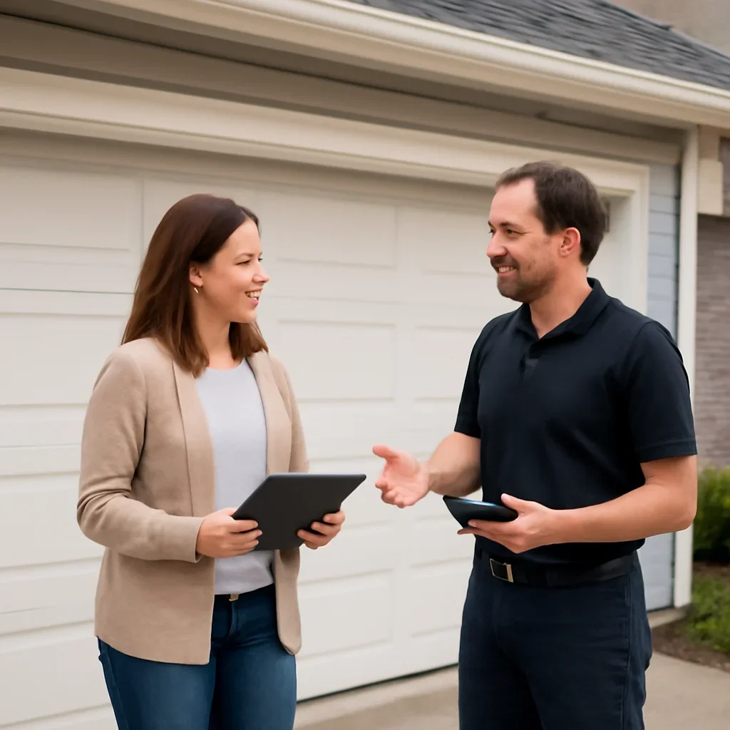 Property manager discussing the next step for garage door installation in Campbell Heights in Surrey