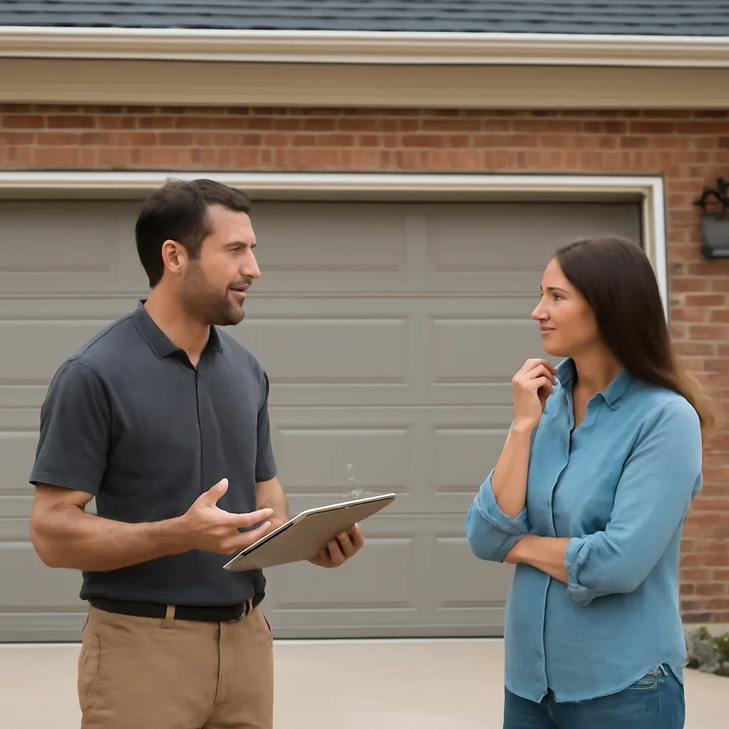 Homeowner or property manager discussing the next step for garage door installation in Cedar Hills in Surrey