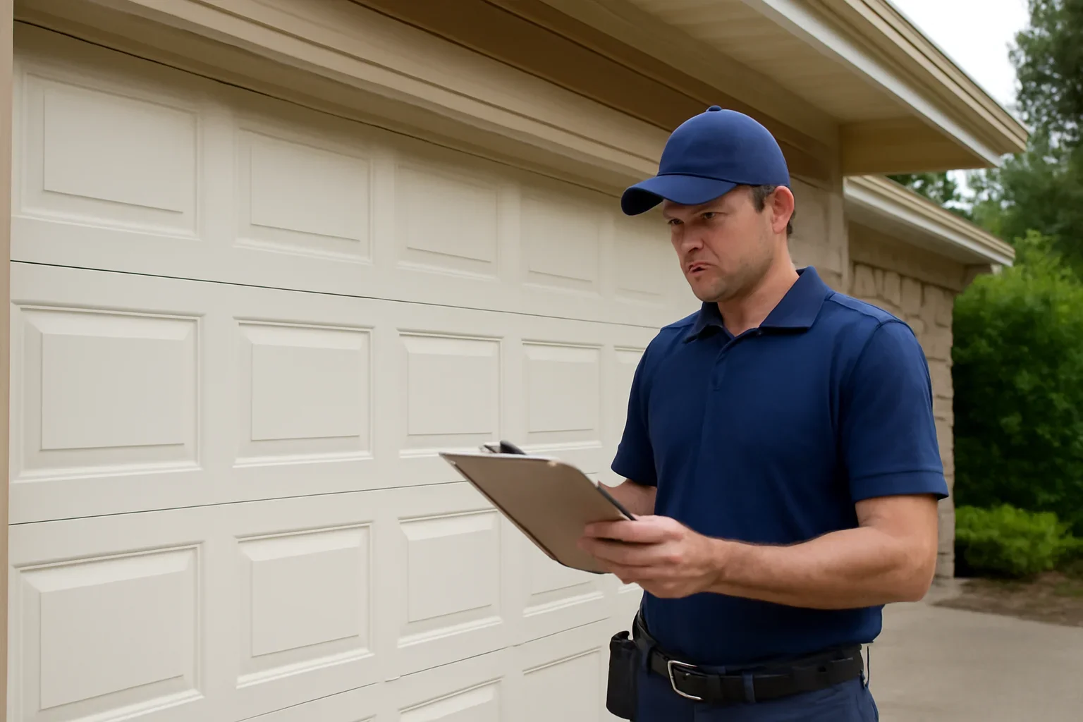 Garage door technician reviewing garage door installation in Cedar Hills at a Surrey property