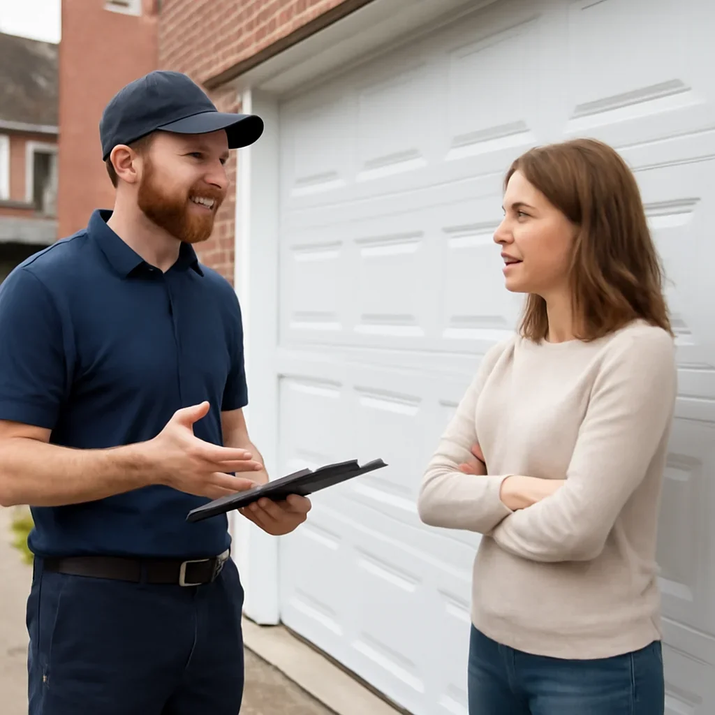 Homeowner or property manager discussing the next step for garage door installation in Chimney Hill in Surrey