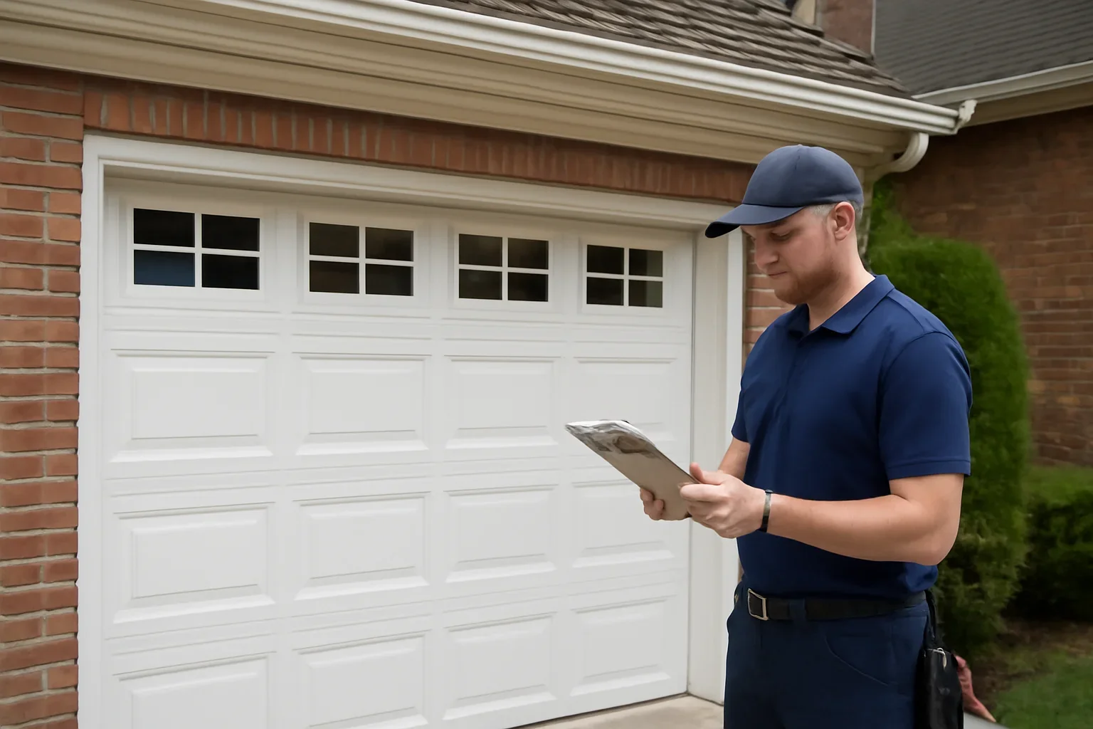 Garage door technician reviewing garage door installation in Chimney Hill at a Surrey property
