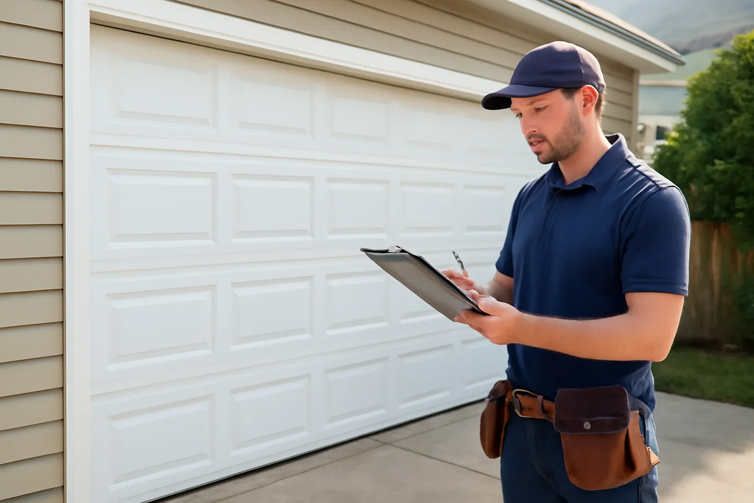 Garage door technician reviewing garage door installation in Clayton Heights at a Surrey property