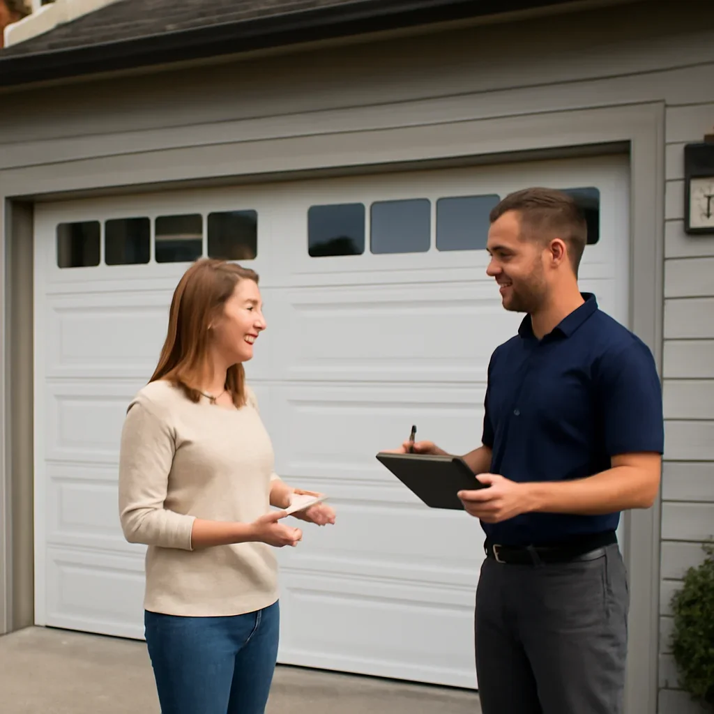 Homeowner discussing garage door installation in Cloverdale Surrey
