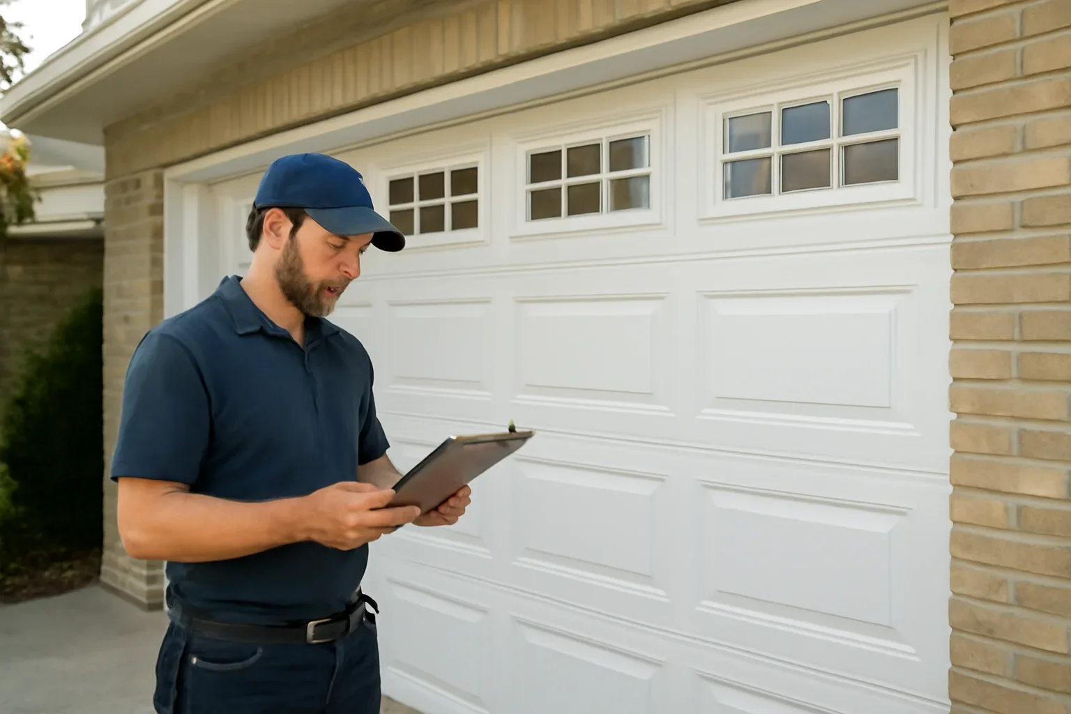 Garage door technician reviewing garage door installation in Cloverdale Surrey