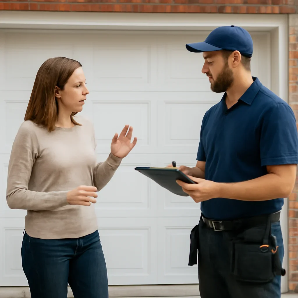 Homeowner or property manager discussing the next step for garage door installation in Cloverdale Town Centre in Surrey