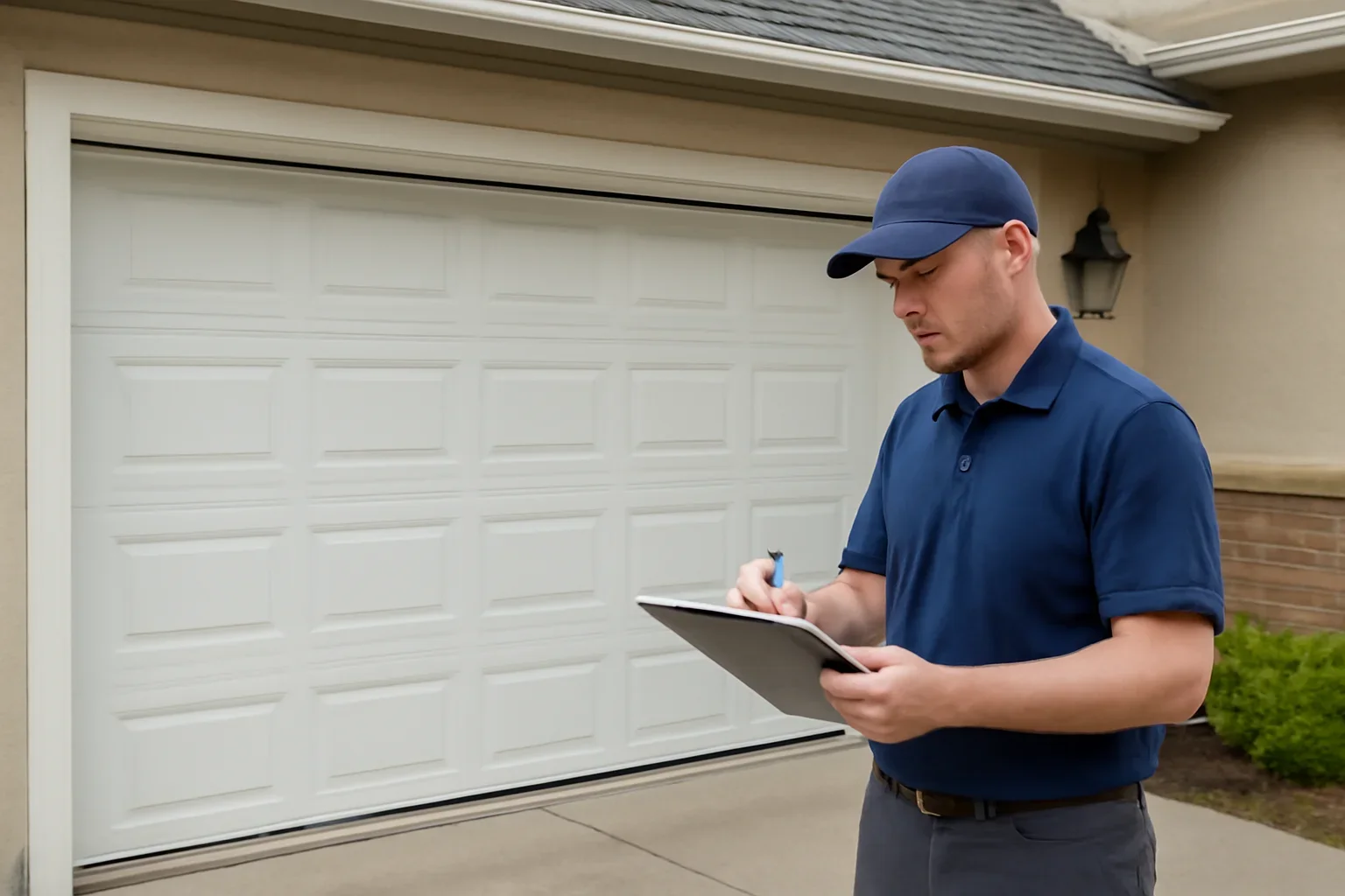 Garage door technician reviewing garage door installation in Cloverdale Town Centre at a Surrey property