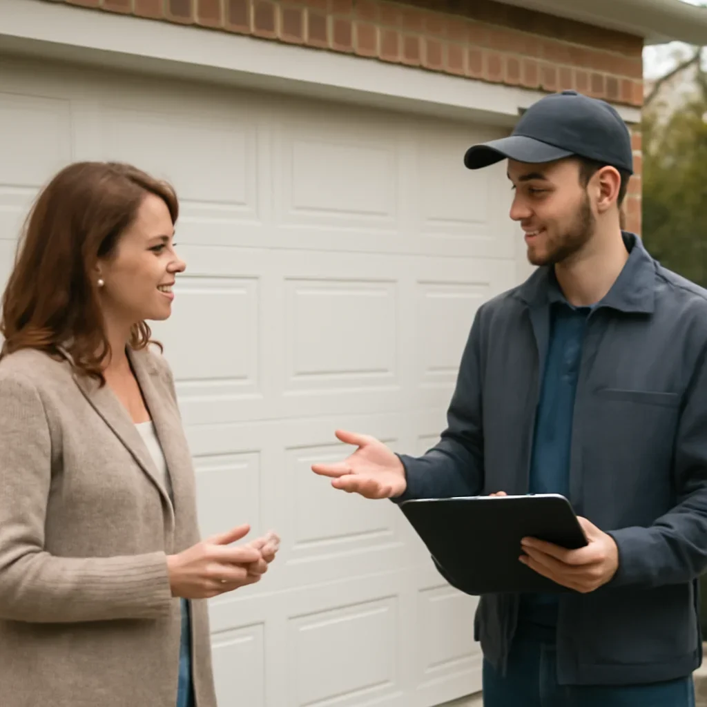 Homeowner and garage door professional discussing installation options at a Surrey property