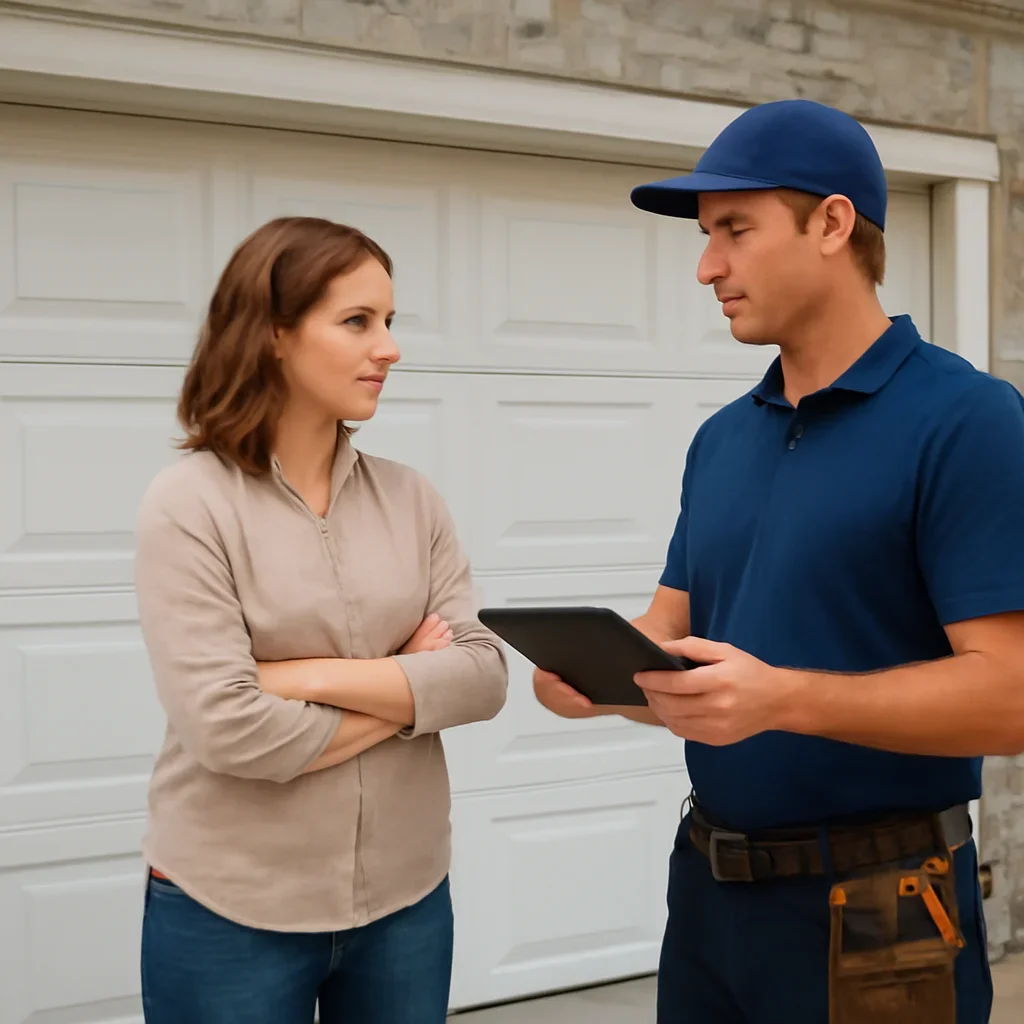 Homeowner discussing garage door installation in Douglas Surrey