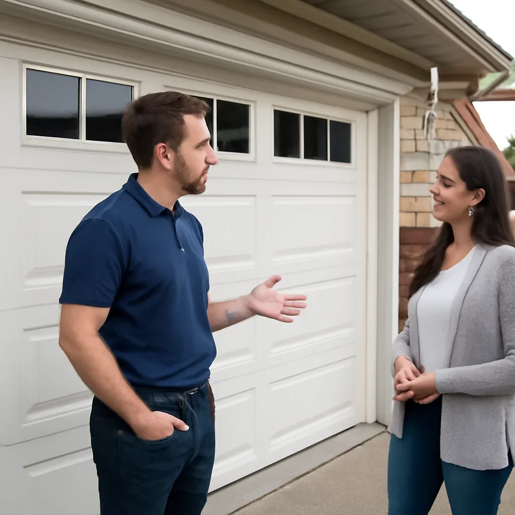 Homeowner discussing garage door installation in East Clayton Surrey