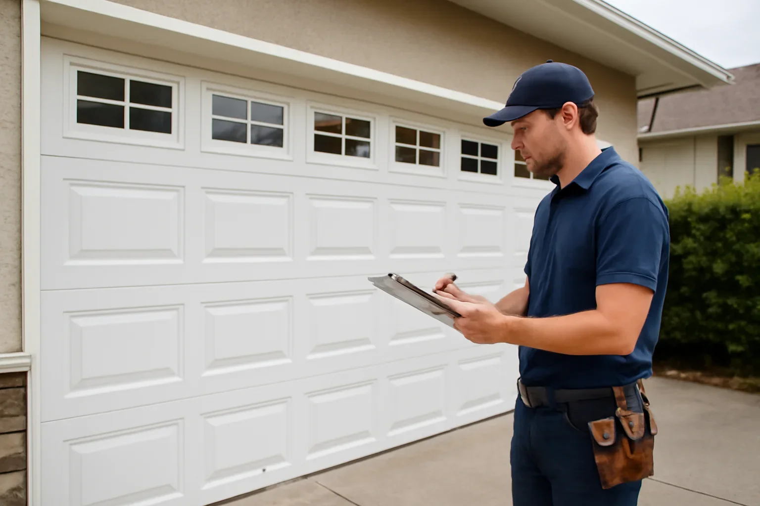 Garage door technician reviewing garage door installation in East Clayton Surrey
