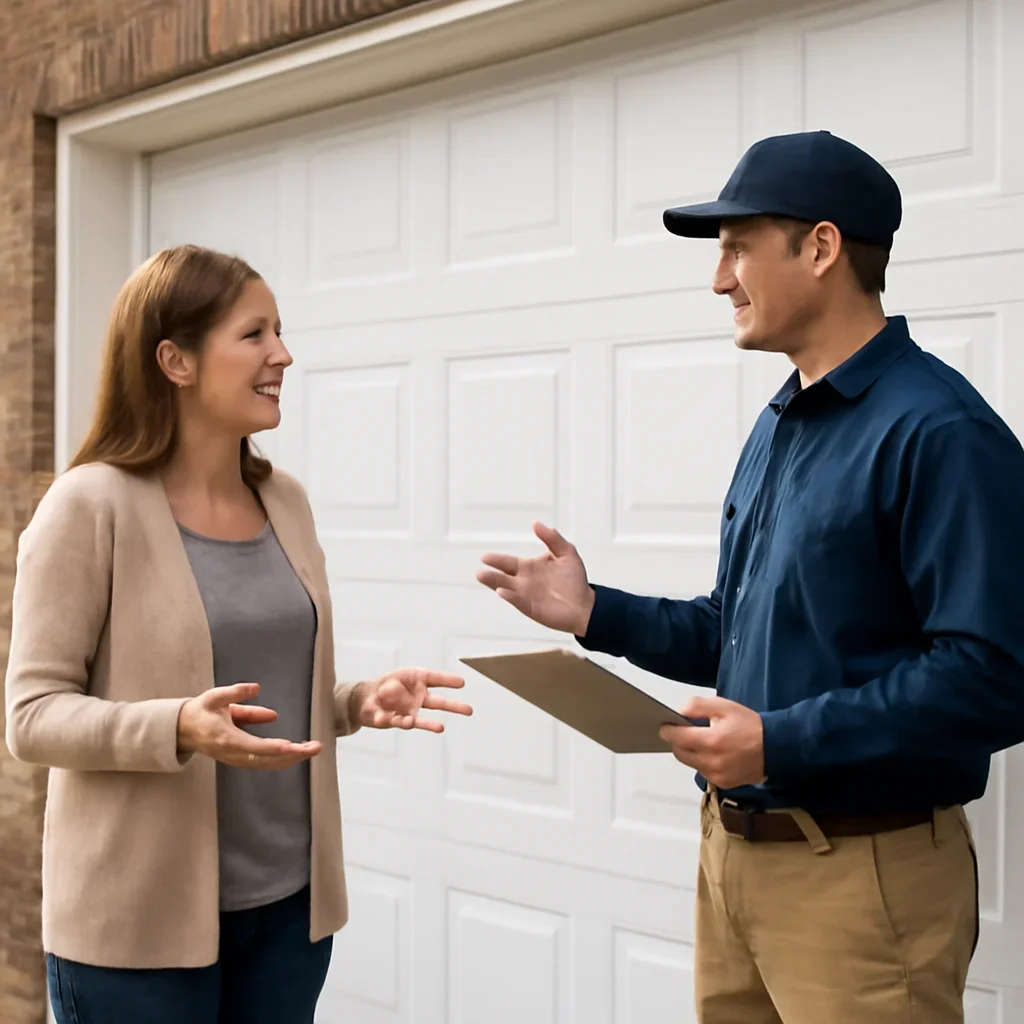 Homeowner discussing garage door installation in East Newton Surrey
