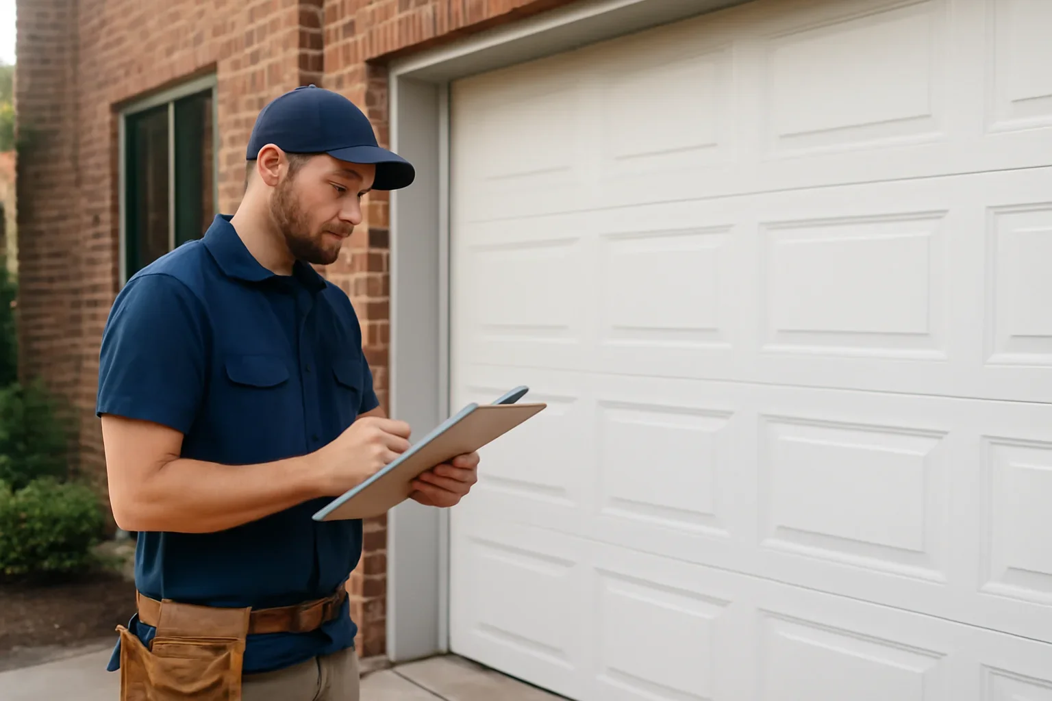 Garage door technician reviewing garage door installation in East Newton Surrey