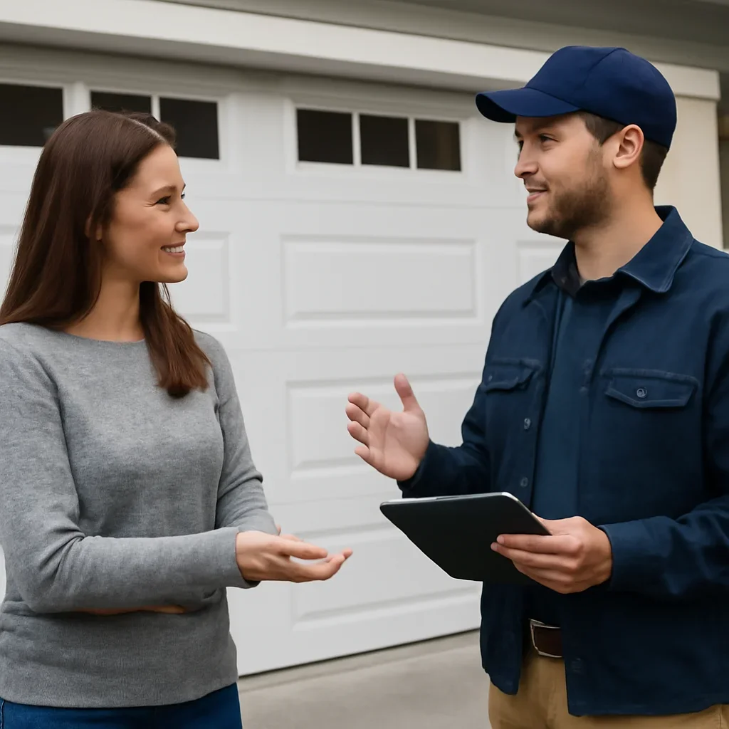 Homeowner discussing garage door installation in Elgin Chantrell Surrey