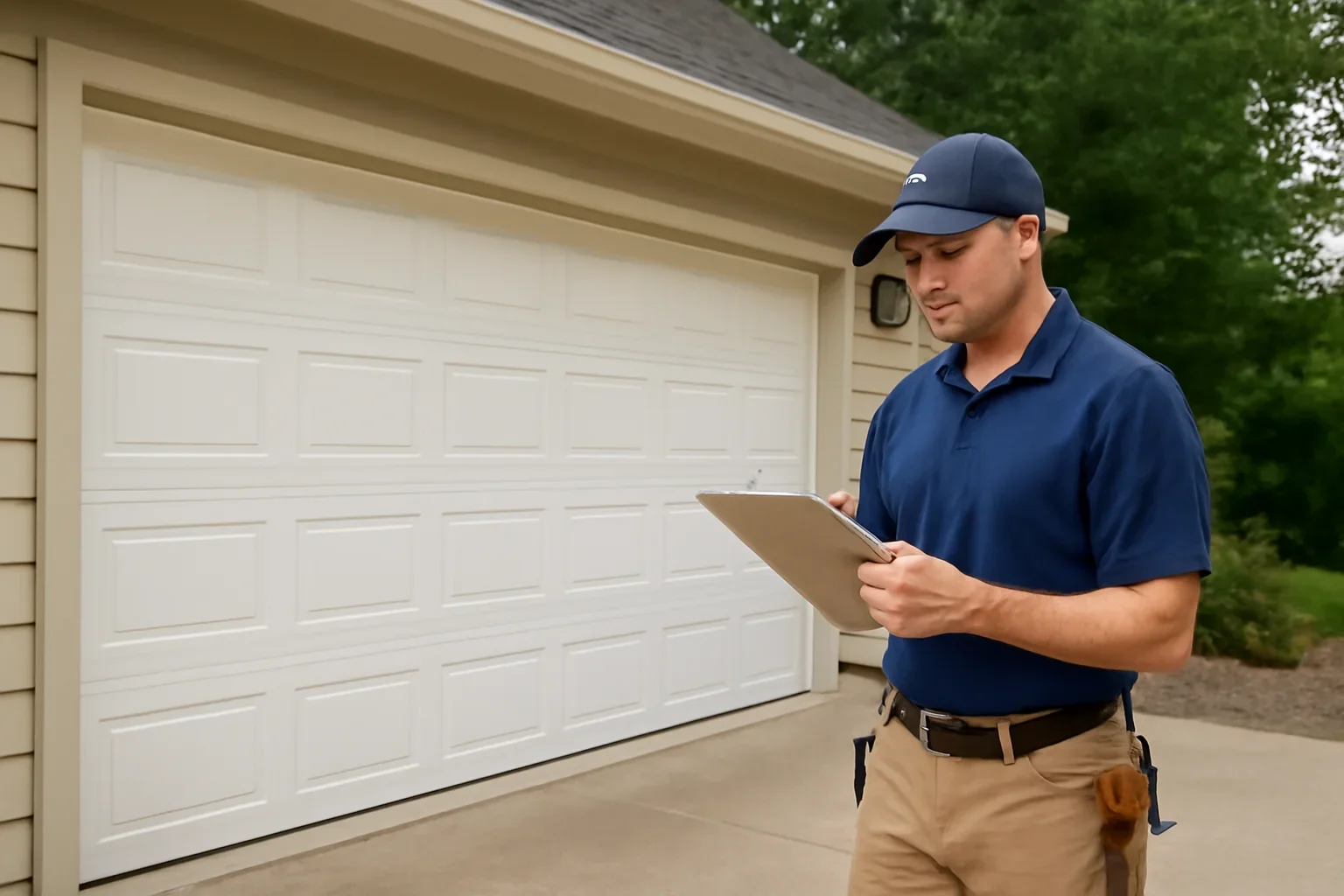 Garage door technician reviewing garage door installation in Elgin Chantrell Surrey