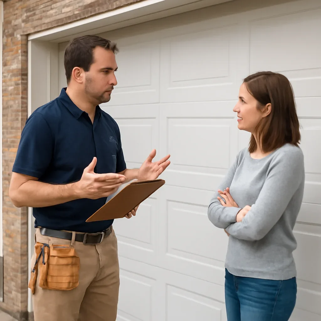 Homeowner discussing garage door installation in Fleetwood Surrey